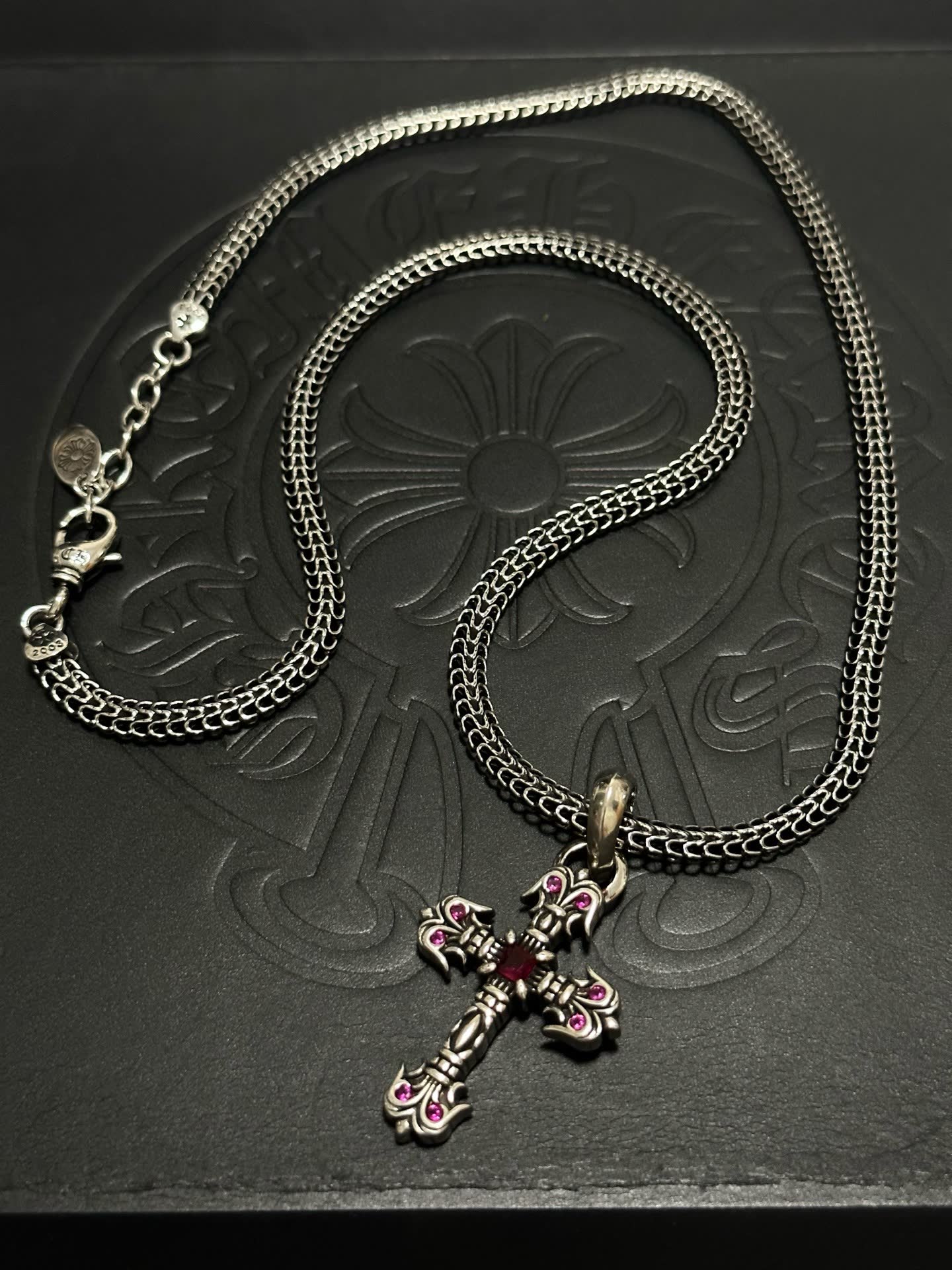 Chrome Hearts Silver Cross Pendant with Pink Stones